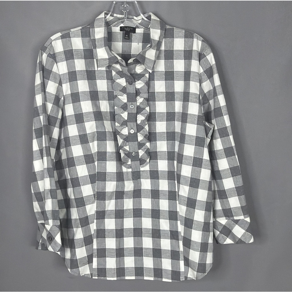 Talbots Top Womens Petite 16P Gray White Cotton Flannel Check Popover Shirt‎